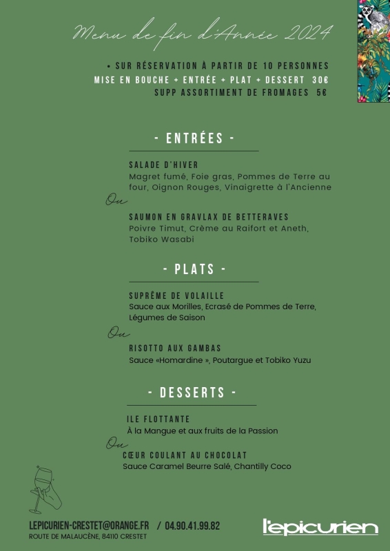 Menus groupes de fin d'année - L'Epicurien - restaurant CRESTET - bon restaurant CRESTET